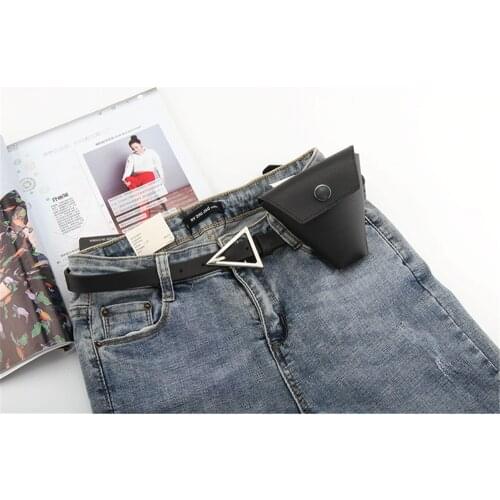 Punk Style Womens Belt Stainless Steel Triangle Pin Buckle Fashion Black Thin Belt Decoration Shoulder Crossbody Bag Belt