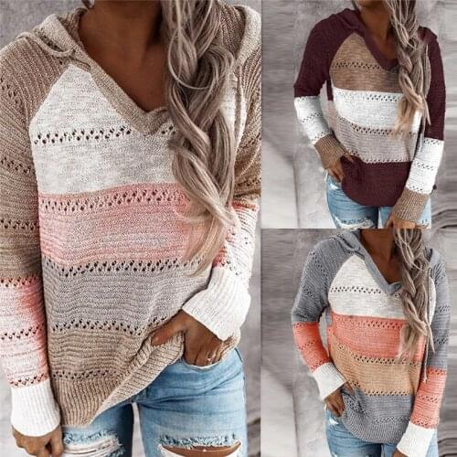 2021 Autumn V Neck Patchwork Hooded Sweater Women Casual Long Sleeve Knitted Sweater Top Winter Striped Elegant Pullover Jumpers