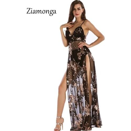 Ziamonga High Quality 2017 New Party Womens Embroidery Sequins Dress Two Split Sleeveless Long Maxi Dress Backless Sexy Dress