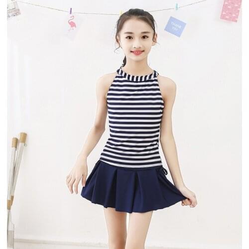 2020 Korean Girl Swimsuit Student Small Fresh Striped Split Skirt Boxer Navy Style Children 's Swimwear 어린이 수영복
