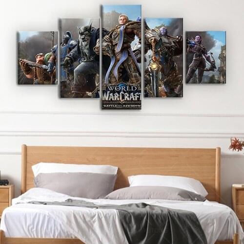 5pcs Alliance And Horde World of Warcraft Battle for Azeroth Game Poster Artwork Wall Painting on Canvas for Home Decor,framed