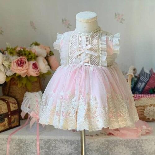 2PCS Summer Lolita Spanish Vintag Princess Sleeveless Pink Bow Ball Gown Dress For Baby Girls Birthday Gife Party Turkey Easter