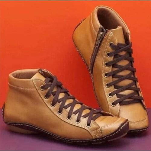 Womens PU Leather Ankle Boots Women Autumn Winter Cross Strappy Vintage Women Punk Boots Flat Ladies Shoes Woman Botas Mujer 43
