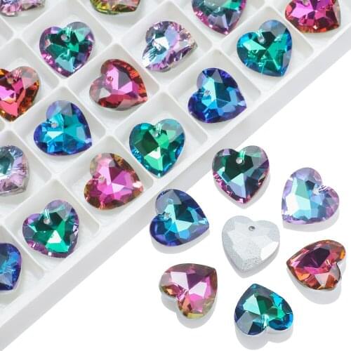 20Pcs/Lot Austria Glass Beads Love Heart Sliver Back 14MM Colorful Crystal Heart Pendants Charms For Making Earing Necklace DIY