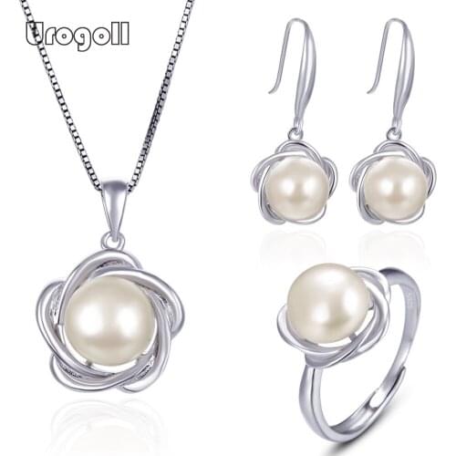Classic Jewelry Set For Woman Pure 925 Sterling Silver Set Freshwater Pearl Zircon Necklace Earrings Ring For Wedding Party Gift