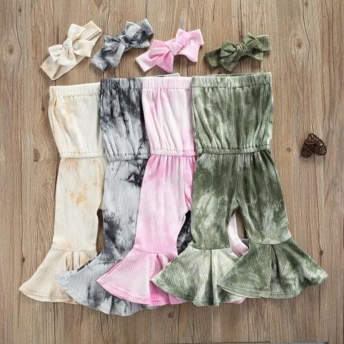 Fashion Summer Baby Girls Jumpsuits Headband 2pcs Tie-Dye Printed Off Shoulder Strap Elastic Flare Rompers