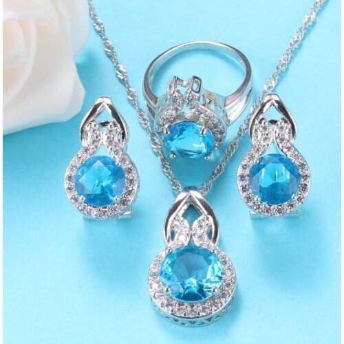 Hawaiian Jewelry Sets For Women Trendy Costume Sky Blue Pendant With Topaz Clip Earrings And Necklace Sets
