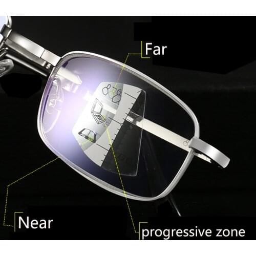 Multifocal Progressive Reading Glasses for Men Presbyopia Anti-Blue Light Portable Foldable Silver Metal Frame +200 250 300