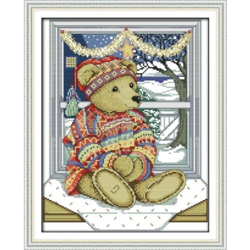 The window of the teddy bear cross stitch kit 14ct 11ct pre stamped canvas embroidery DIY handmade needlework