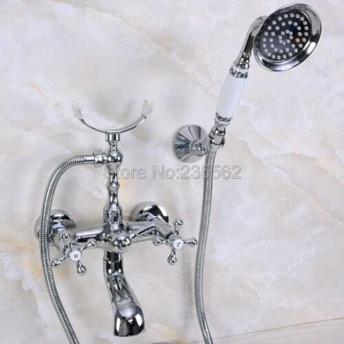 Wall Mount Chrome Clawfoot Bath Tub Filler Faucet Set Handheld Shower lna228