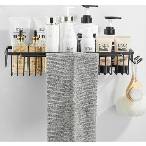 Bathroom Shelf with Bar and Hooks Bath Shower Shelf Black Bathroom Corner shelf Wall Mounted Aluminum Kitchen Storage holder