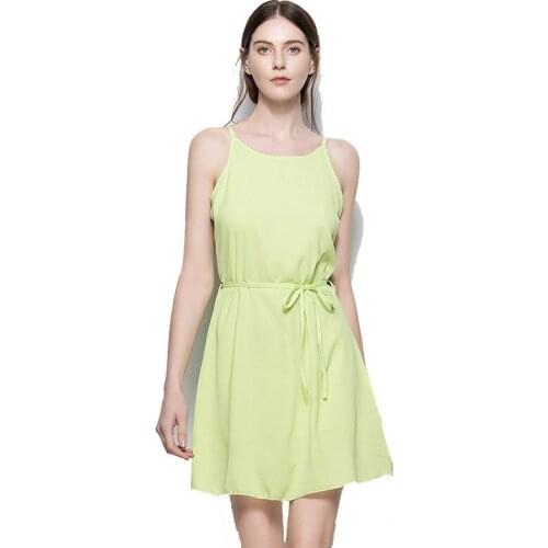 Witbuy Casual Summer Mini Women Spaghetti Strap Dresses O Neck Solid Chiffon A-line With Sashes Ladies Sleeveless Bodycon Dress