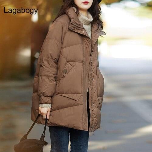 Lagabogy 2021 New Women Thick Winter Coat White Duck Down Parkas Female Warm Loose Stand Collar Puffer Jacket Brown Outwear