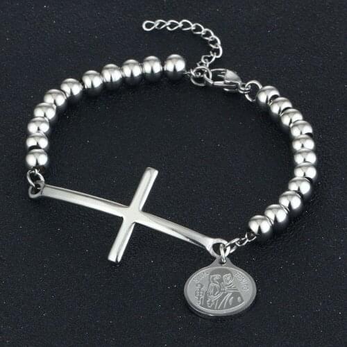 Religion San Benito Medal Pendant Bracelet for Women Stainless Steel Beads Cross Metal Strand Bracelet Belief Jewelry Gifts MN47