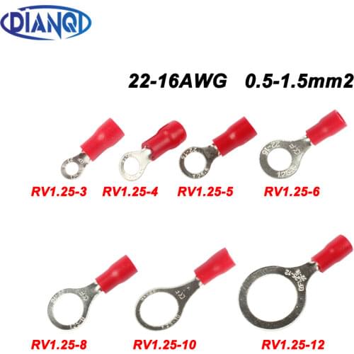 DIANQI RV1.25-5 Red Insulated Crimp Ring Terminal Cable Wire Connector 100PCS/Pack RV1-5 RV