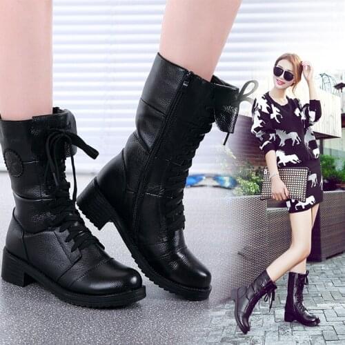 Autumn&Winter Fashion Women Boots Real Leather Martins Military Boots Low Heel Plush Casual Shoes For Girls Ladies boots