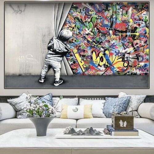 Modern Street Canvas Art Pictures Kids Lover Behind The Curtain Posters Graffiti Art Painitngs Posters and Prints Home Decor