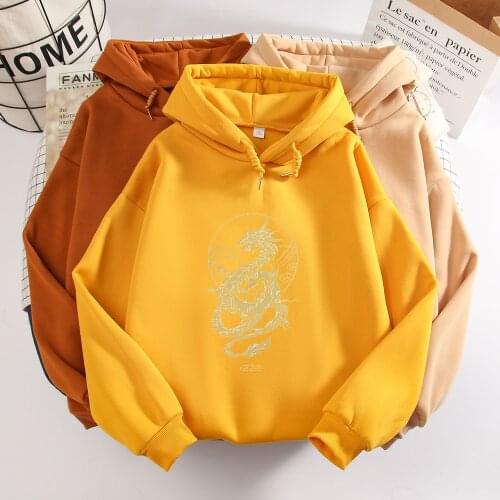 Dragon Print Hoodie Cartoon Oversize Sweatshirt Long Sleeve Casual Pullover Yellow Sweetshirt for Girls Winter Hoody with Pocket