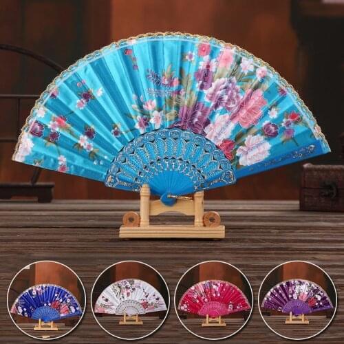 Chinese Style Hand Held Folding Dance Fan Wedding Party Lace Silk Folding Hand Held Flower Fan Wedding Party Fan High Quality