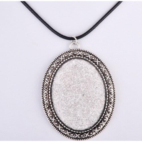 Fit 40*30MM Ancient silver color blank pendant base necklace glass cabochon bezel tray vintage necklace making jewelry setting