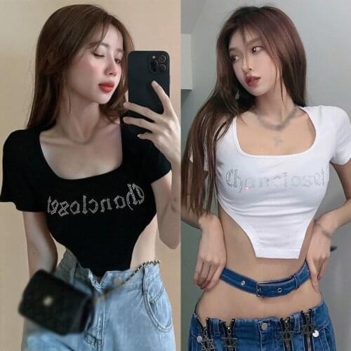 Womens Square Collar Irregular Slim Casual Exposed Navel Short Sleeved T-Shirt Tops