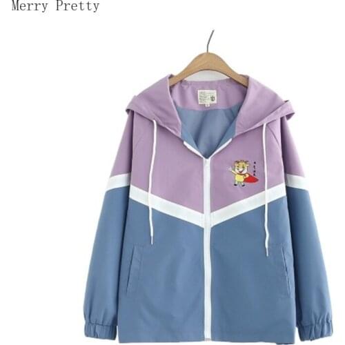 Cartoon Embroidery Patchwork Women Hooded Jacket 2021 Summer Long Sleeve Casual Coats Ladies Pckets Zipper Outwears Clothing