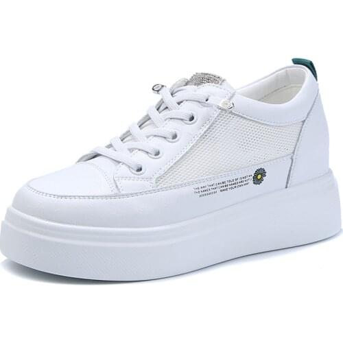 Women Sneakers Mid-Heel Genuine Leather Shoes Comfortable Casual Air Mesh Outdoor Boots 2021 New Brand Luxury Designer 34-39