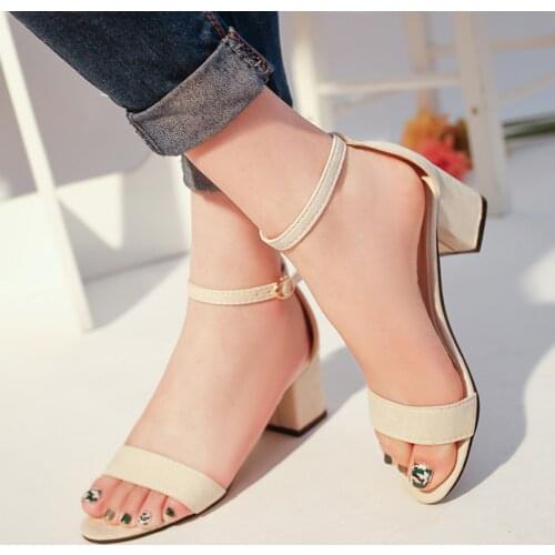 Summer Sandals Fish Mouth Women Sandals Suede T tied High Heels Square Heel Woman Buckle Shoes size 35-40