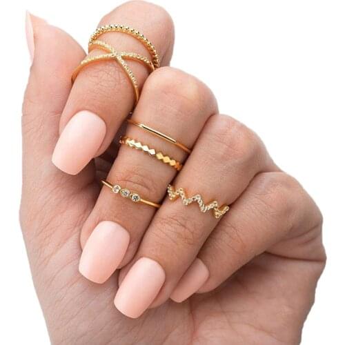 6 Pcs/Set Simple Crystal Finger Knuckle Ring Party Geometric Gold Rings Set for Women Statement Jewelry Gifts