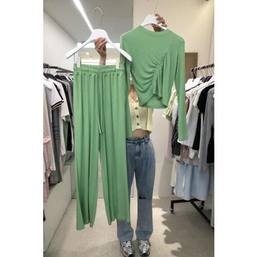 Korean Casual Set 2021 Spring Autumn Fashion Solid Color Pleated T-Shirt Top + Two Piece Drape Loose Trousers Women Outfit zh859