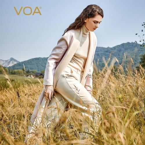 VOA Snowy Plateau Cashmere Overcoat Women S5805 Scarf Collar Insert Pocket Cardigan Double-sided Delicate Female Coat Winter