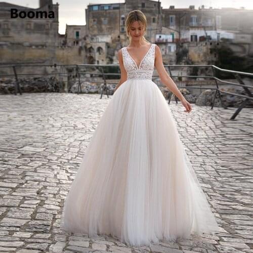 Booma Chic V-Neck Boho Wedding Dresses Backless Glitter Tulle A-Line Beach Bridal Gowns Illusion Lace Bodice Long Bride Dresses