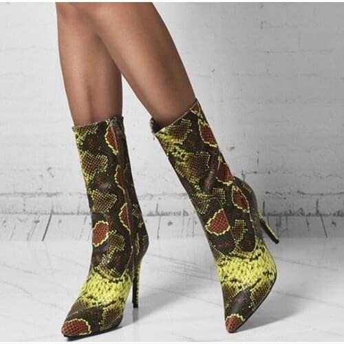Customized Plus Size 13 Yellow Snakeskin Winter Boots Half Knee High Pointed Toe Side-zip High Heel Sexy Mid Calf Booties