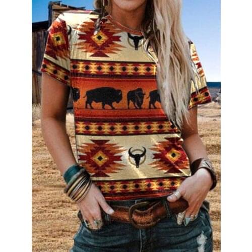 2021 New Collection Women Summer Clothing Tops Loose Graphic Print O-neck Short Sleeve Indie Folk Style Tshirt