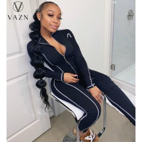 VAZN 2021 Autumn High Quality Soft Tracksuits Solid Young Sexy Full Sleeve Soft Women High Waist Skinny Pencil Jumpsuits