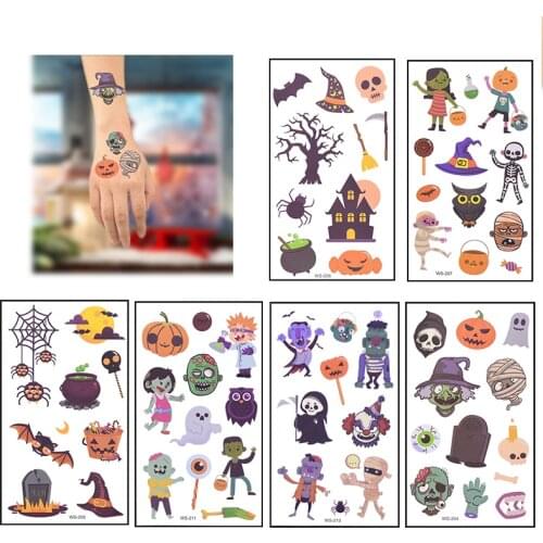 6Pcs Cartoon Halloween Tattoo Stickers Pumpkin Ghost Witch Bat Temporary Waterproof Tattoos Stickers Party Decor