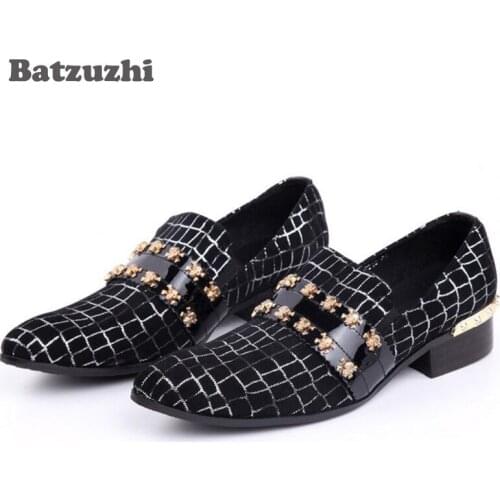 Batzuzhi Handmade Leather Men Dress Shoes Evening Party Wedding Shoes Skulls Black Fashion Flats Luxury Zapatos Hombre, Size 46