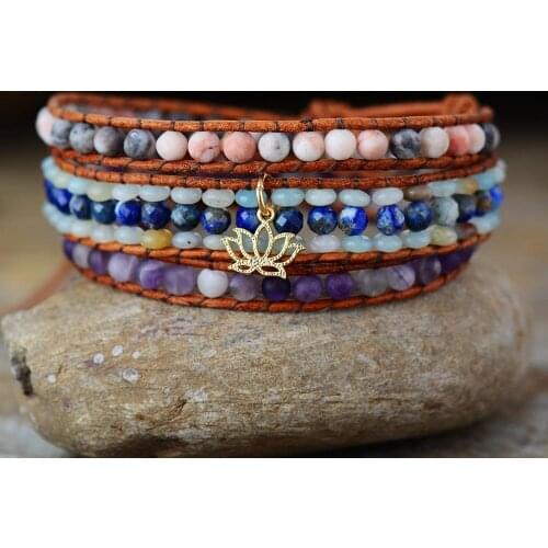 Boho Vintage Leather Wrap Bracelets W/ Natural Stone Beaded Strand Lotus Charm Bracelet Handmade Bohemian Jewelry Dropship