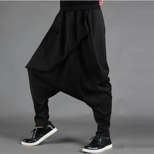 Asymmetrical skirt pants men fashion harem pants mens trousers pantalones hombre cargo feet pants for men pantalon homme black