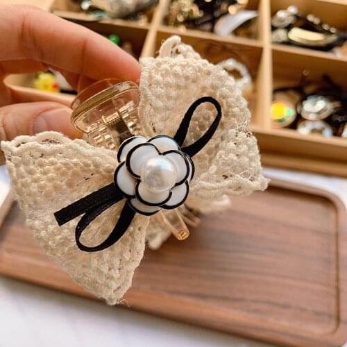 Elegant Fabric Lace Bow Camellia Flower Hair Claw Clamp Sweet Hairpins Crystal Rhinestone Hairgrips Hair Accessories for Women