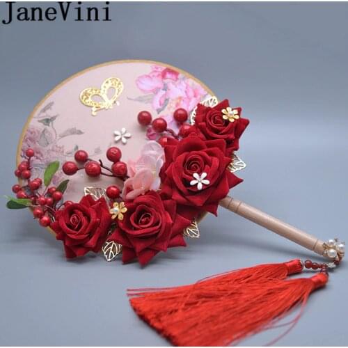 JaneVini 2019 Ancient Fan Type Bridal Bouquet Artificial Flowers Pageant Wedding Fans Tassel Pink Red Rose Bouquet De Mariage