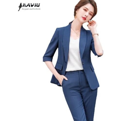 Naviu New Fashion Elegant Women Half Sleeve Suit Summer Uniform Two Option Single Blazer or Jacket and Trousers Set