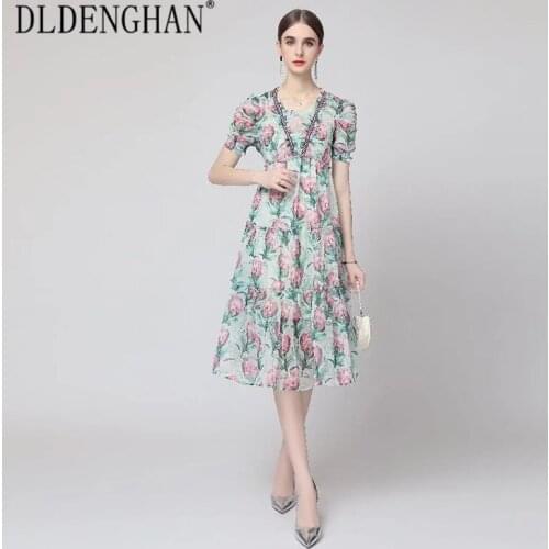 DLDENGHAN Fashion Designer Early Autumn Chiffon Dress Women O-Neck Puff Sleeve Flower Print Dresses