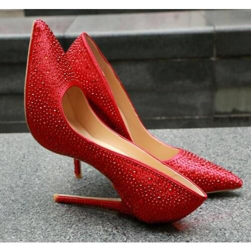 Moraima Snc Red Crystal Embellished High Heel Shoes Pointed Toe Sexy Wedding Heels for Woman Rhinestones Party Dress Shoes