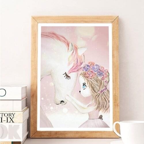 Cartoon Illustration Cute Baby Girl With Horse Canvas Art Print Girls Kids Room Decor Blush Pink Flowers Girl Canvas Painting