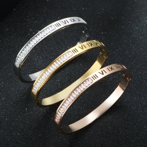 Luxury Hollow Roman Numerals Square Rhinestone Bangles For Women Men Fashion Crystal Stainless Steel Bracelets Jewelry Gifts