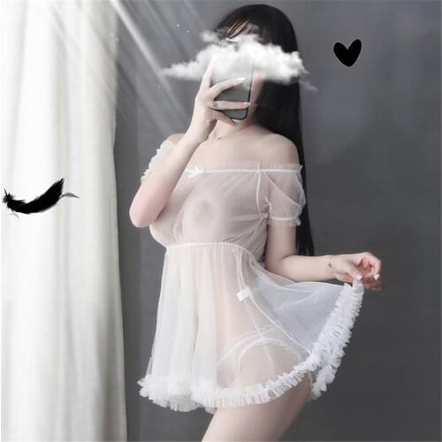 Sexy Lace Women Lingerie Nightwear Black White Embroidery Wing V-Neck Sleeveless Perspective Sleepwear Mini Night Dress Nighty