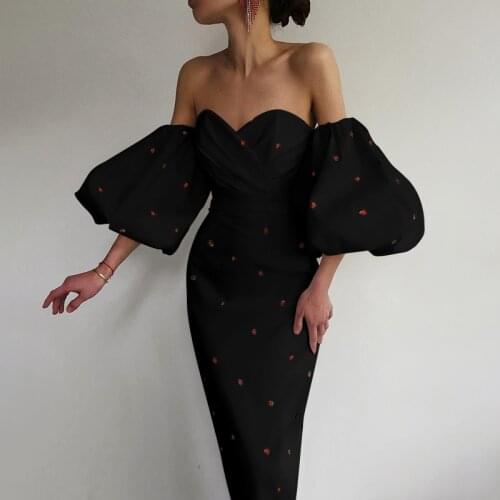 Sexy Dress Women Strapless Lantern Sleeve Print Spring Slim Bodycon Off Shoulder Elegant Party Clubwear Fashion Dress