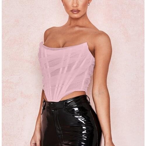 Boning Mesh Corset Tops Women Slash Neck Backless Ruched Sexy Summer Crop Top Pink Strapless Tank Top Lavender Cropped