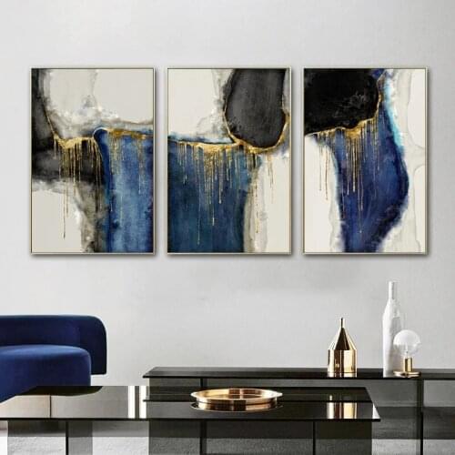 Modern Abstract Blue Golden Canvas Painting Wall Art Pictures for Living Room Nordic Posters and Prints Black Home Decorations